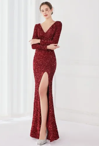 Winter Elegant Red Deep V Neck Long Sleeve Slit Cocktail Eevening Dress