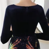 Winter Elegant Blue Velvet With Sequins Deep V Neck Long Sleeve Slit Cocktail Eevening Dress