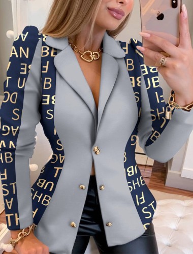 Winter Fashion Contrast Letter Print With Grey Long Sleeve Blazer