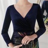 Winter Elegant Blue Velvet With Sequins Deep V Neck Long Sleeve Slit Cocktail Eevening Dress
