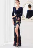 Winter Elegant Blue Velvet With Sequins Deep V Neck Long Sleeve Slit Cocktail Eevening Dress
