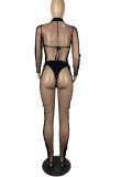 Spring Fashion Sexy Black Mesh See Through Long Sleeve Jumpsuit