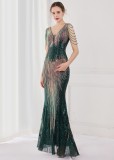 Spring Plus Size Elegant Green Bling Sequins V Neck Tassel Gradient Mermaid Evening Dress