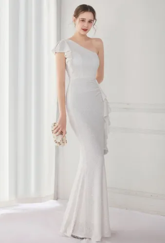 Summer Elegant White One Shoulder Slit Cocktail Eevening Dress