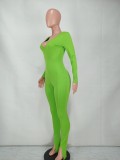 Fall Basic Style Green Deep V-Neck Long Sleeve Jumpsuit