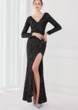 Winter Elegant Black Deep V Neck Long Sleeve Slit Cocktail Eevening Dress