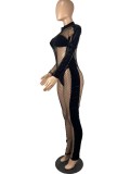 Spring Fashion Sexy Black Mesh See Through Long Sleeve Jumpsuit
