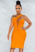 Sommer Sexy Orange Cut Out Mit Mesh Ärmellosem Kleid