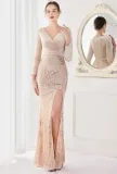 Winter Elegant Kahaki Velvet With Sequins Deep V Neck Long Sleeve Slit Cocktail Eevening Dress