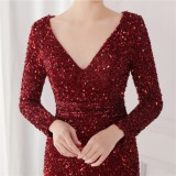 Winter Elegant Red Deep V Neck Long Sleeve Slit Cocktail Eevening Dress