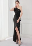 Summer Elegant Black One Shoulder Slit Cocktail Eevening Dress