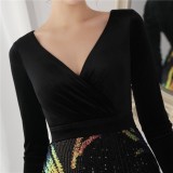 Winter Elegant Black Velvet With Sequins Deep V Neck Long Sleeve Slit Cocktail Eevening Dress