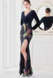Winter Elegant Blue Velvet With Sequins Deep V Neck Long Sleeve Slit Cocktail Eevening Dress