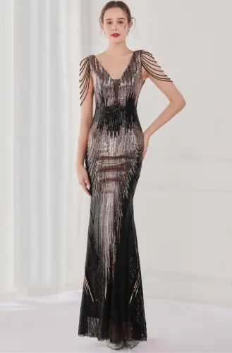 Spring Plus Size Elegant Black Bling Sequins V Neck Tassel Gradient Mermaid Evening Dress