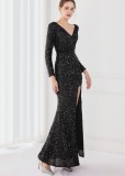 Winter Elegant Black Deep V Neck Long Sleeve Slit Cocktail Eevening Dress