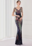 Spring Plus Size Elegant Navy Bling Sequins V Neck Tassel Gradient Mermaid Evening Dress