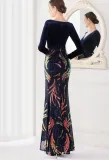 Winter Elegant Blue Velvet With Sequins Deep V Neck Long Sleeve Slit Cocktail Eevening Dress