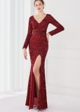 Winter Elegant Red Deep V Neck Long Sleeve Slit Cocktail Eevening Dress