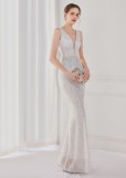 Spring Plus Size Elegant White Bling Sequins V Neck Tassel Gradient Mermaid Evening Dress