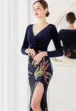 Winter Elegant Blue Velvet With Sequins Deep V Neck Long Sleeve Slit Cocktail Eevening Dress