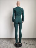 Winter Green Casual Zippers Long Sleeve Shirt and Pants Two Piece Set