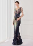 Spring Plus Size Elegant Navy Bling Sequins V Neck Tassel Gradient Mermaid Evening Dress