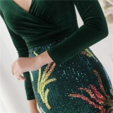 Winter Elegant Green Velvet With Sequins Deep V Neck Long Sleeve Slit Cocktail Eevening Dress