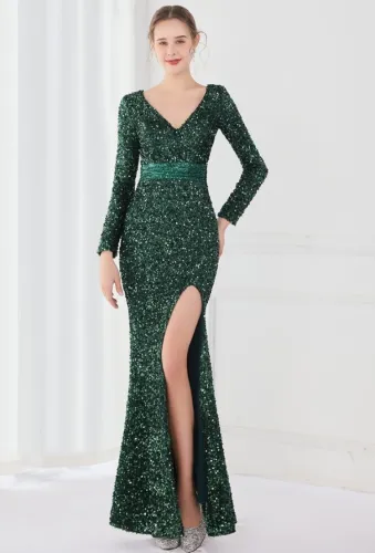 Winter Elegant Green Deep V Neck Long Sleeve Slit Cocktail Eevening Dress