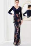 Winter Elegant Blue Velvet With Sequins Deep V Neck Long Sleeve Slit Cocktail Eevening Dress