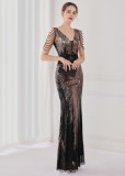 Spring Plus Size Elegant Black Bling Sequins V Neck Tassel Gradient Mermaid Evening Dress
