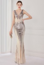 Spring Plus Size Elegant Beige Bling Sequins V Neck Tassel Gradient Mermaid Evening Dress