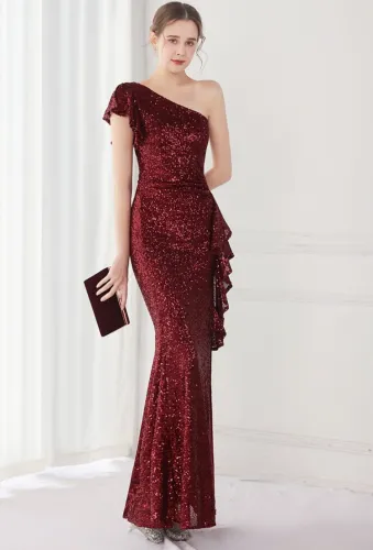 Summer Elegant Red One Shoulder Slit Cocktail Eevening Dress