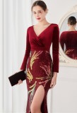Winter Elegant Red Velvet With Sequins Deep V Neck Long Sleeve Slit Cocktail Eevening Dress