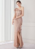 Summer Elegant Pink One Shoulder Slit Cocktail Eevening Dress
