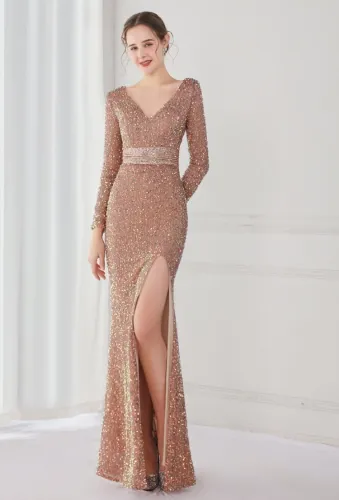 Winter Elegant Pink Deep V Neck Long Sleeve Slit Cocktail Eevening Dress