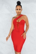 Sommer Sexy Rot Ausgeschnitten Mit Mesh Ärmellosem Kleid