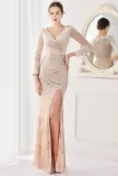 Winter Elegant Beige Velvet With Sequins Deep V Neck Long Sleeve Slit Cocktail Eevening Dress