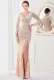 Winter Elegant Beige Velvet With Sequins Deep V Neck Long Sleeve Slit Cocktail Eevening Dress
