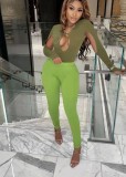 Spring Fashion Green Cut Out Long Sleeve Top And Pant Wholesale Women'S Two Piece Sets