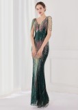Spring Plus Size Elegant Green Bling Sequins V Neck Tassel Gradient Mermaid Evening Dress