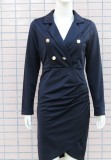 Spring Black V-Neck Long Sleeve Wrap Office Dress