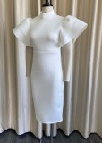 Spring Elegant White Midi Neck Ruffled Short Sleeve Midi Bodycon Dress