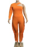Spring Orange Party Sexy One Shoulder Fringe Plus Size Jumpsuit