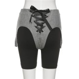 Spring Grey and Black Patch High Waist Lace-Up Zipper Shorts