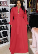 Spring Red Long Sleeves Belted Long Maxi Dress