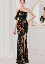 Summer Black Sequin One Shoulder Slit Long Evening Dress