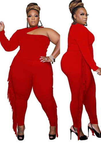 Spring Red Party Sexy One-Shoulder-Fringe Plus Size Jumpsuit
