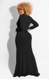 Spring Black Deep-V Sexy Wrap Slit Long Sleeve Evening Dress