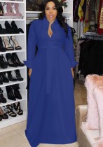 Spring Blue Long Sleeves Belted Long Maxi Dress