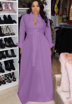 Spring Purple Long Sleeves Belted Long Maxi Dress